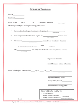 Arkansas Affidavit/Translator Notarial Certificate Pad