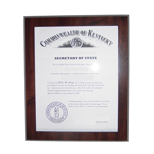 This 11 x 8-1/2 elegant cherry wood finish Arkansas notary certificate frame makes an attractive addition to any office. Simply slide your Arkansas notary certificate in from the side. No need for nails or screws. Designed to fit 8-1/2 x 11 inch certificates. We can also custom make a frame to fit any state's notary certificates. This Arkansas notary certificate frame will Guard your Arkansas notary commission certificate from damage with this elegant cherry wood finish frame that makes an attractive addition to any office.