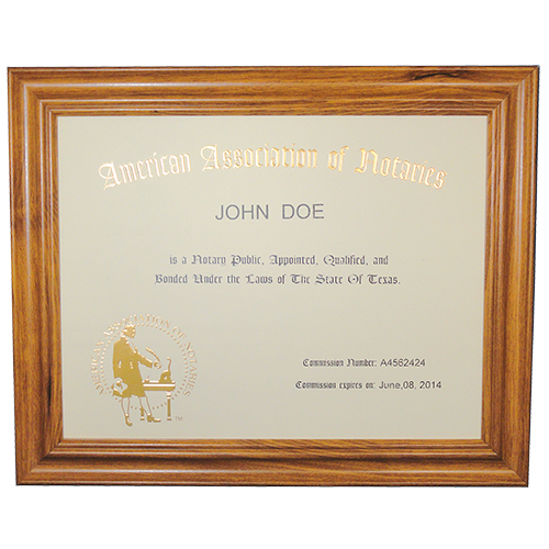This Arkansas notary commission frame is made of solid hardwood. Available in cherry, black, and walnut wood. The notary frame includes a gold embossed notary certificate, personalized with your notary name and your Arkansas notary commission information. Proudly display your status as a commissioned Arkansas notary public with our deluxe notary certificate frame. This certificate frame can be purchased by both non-members and members of the AAN.