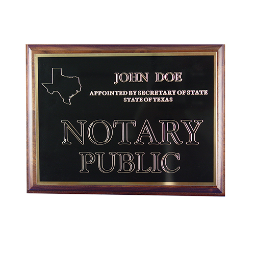 This Arkansas notary deluxe wall sign is mounted on an attractive walnut plaque and engraved on a metal plate with gold lettering with your name, your state, and the wording 'Notary Public'. This sign makes a fine addition to any office.